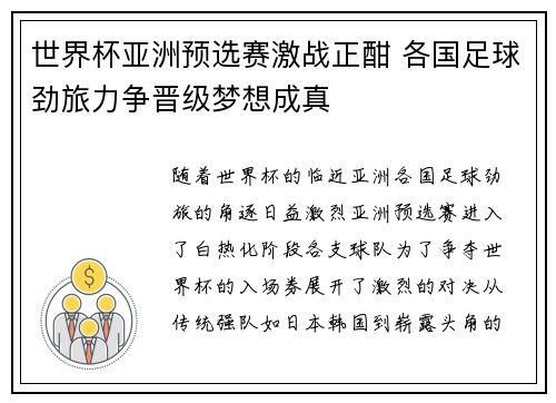 世界杯亚洲预选赛激战正酣 各国足球劲旅力争晋级梦想成真